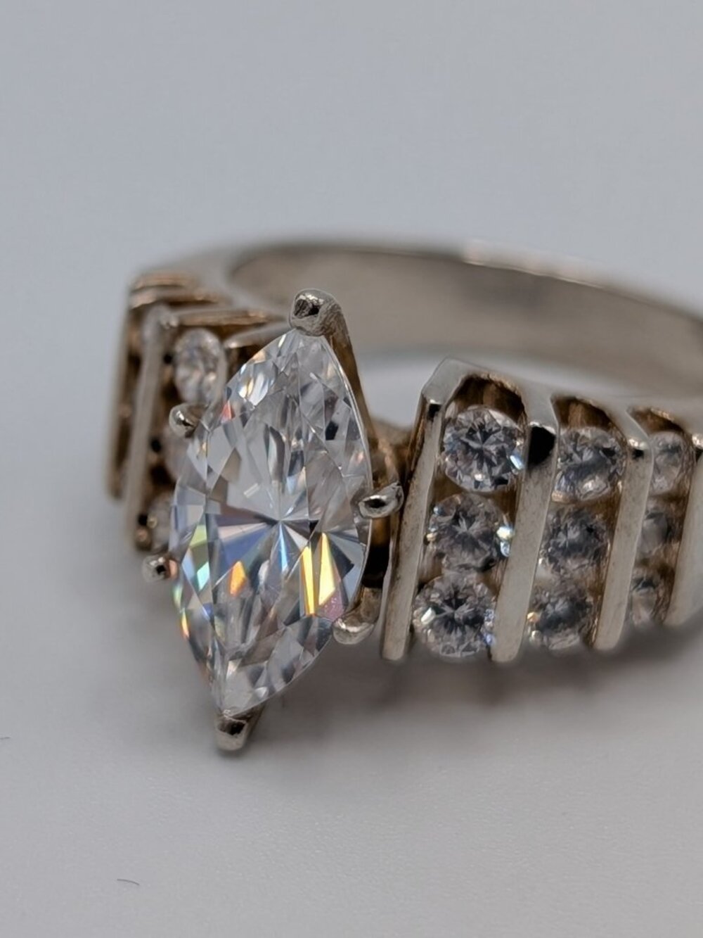 Vintage 90s DQCZ 925 Sterling Silver Marquise Statement Engagement Ring 6.5 - Picture 2 of 10
